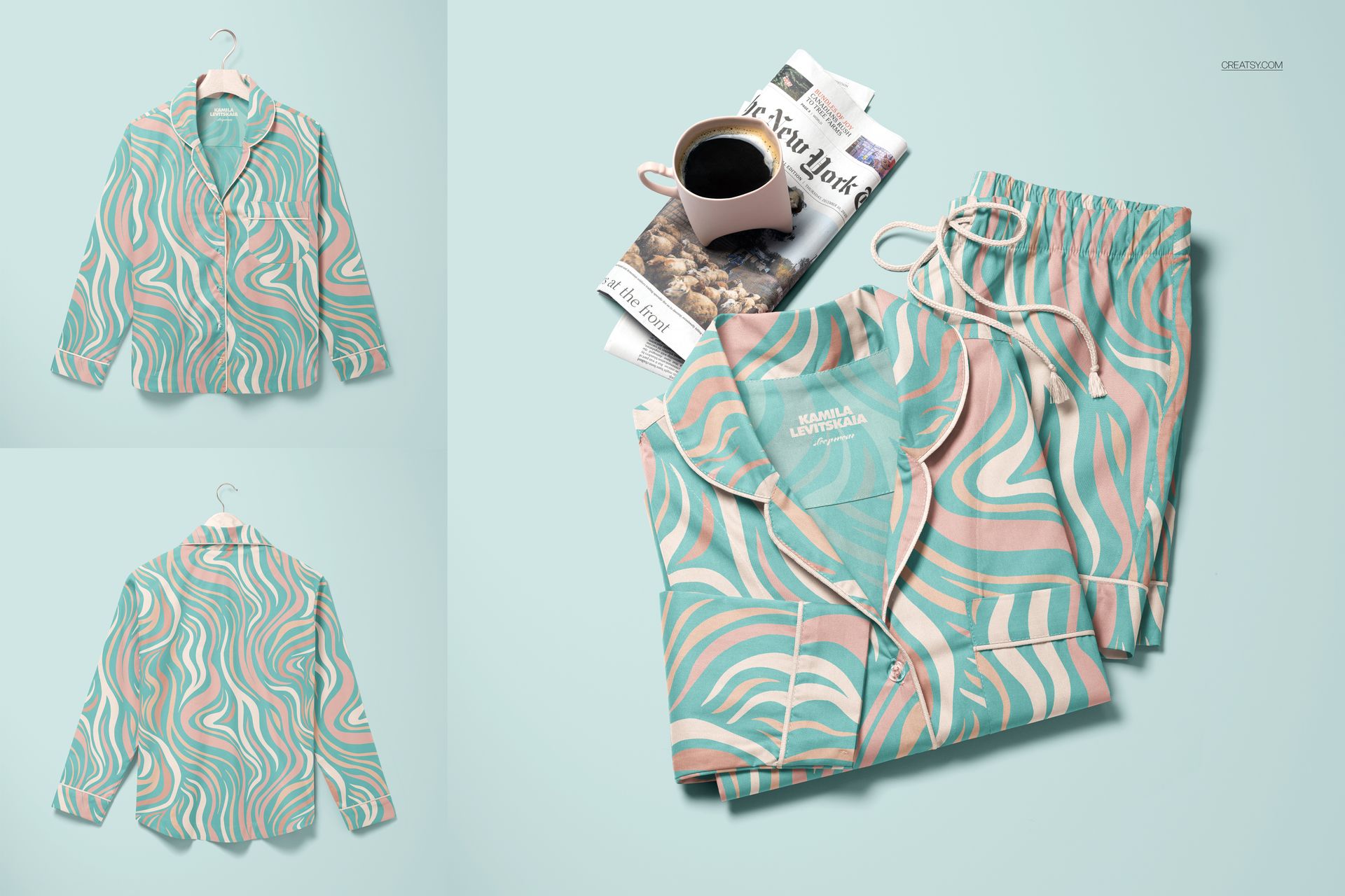 Long-sleeve pajama set with shorts mockup featuring wavy pastel pink and teal pattern, shown from top view.