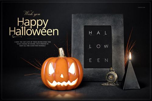 Halloween mockup featuring a glowing jack-o'-lantern, rectangular black frame, pyramid candle, and antique watch.