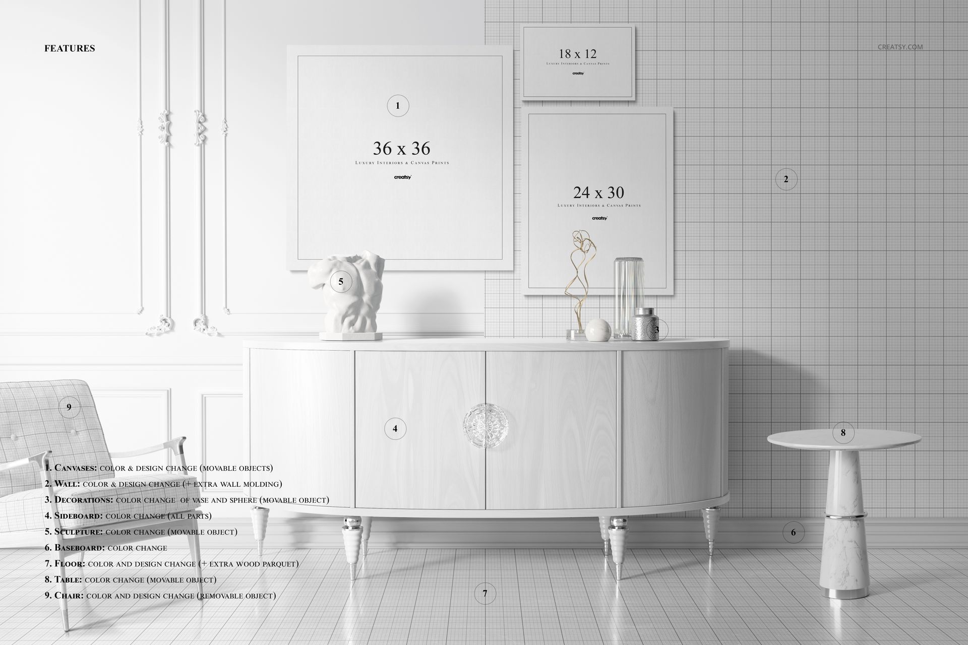 Antique-style PSD mockup showing canvas prints arranged above a white sideboard, with books and a small sculpture.