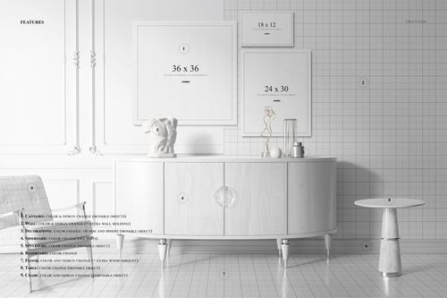 Antique-style PSD mockup showing canvas prints arranged above a white sideboard, with books and a small sculpture.