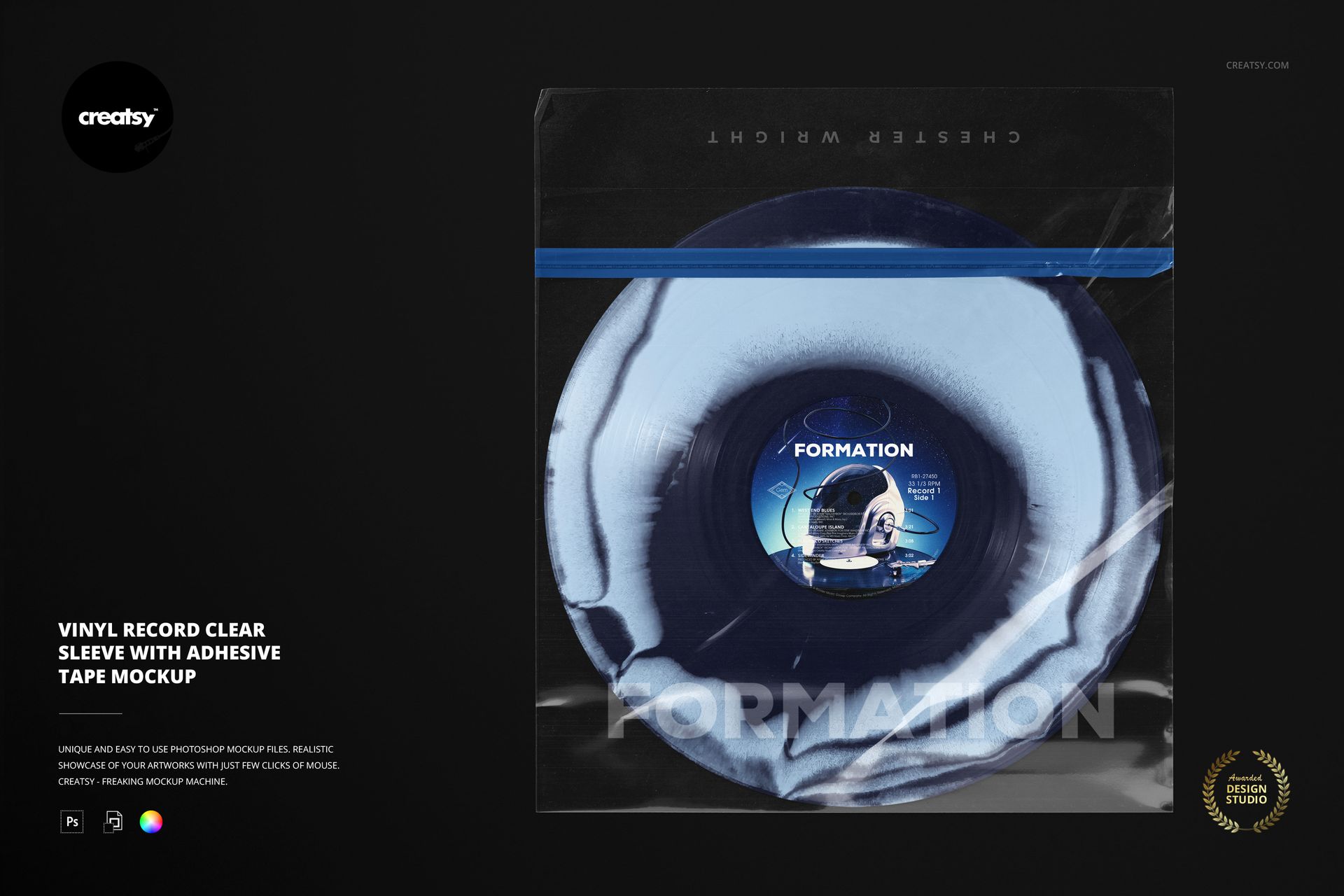 Vinyl record mockup shown inside a clear plastic sleeve with adhesive tape, viewed from above against a dark background.