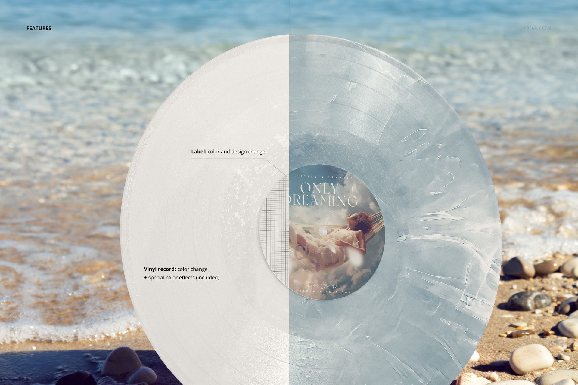 Angled view of a transparent vinyl record mockup placed on pebbles by the Adriatic Sea, showing split design effects.