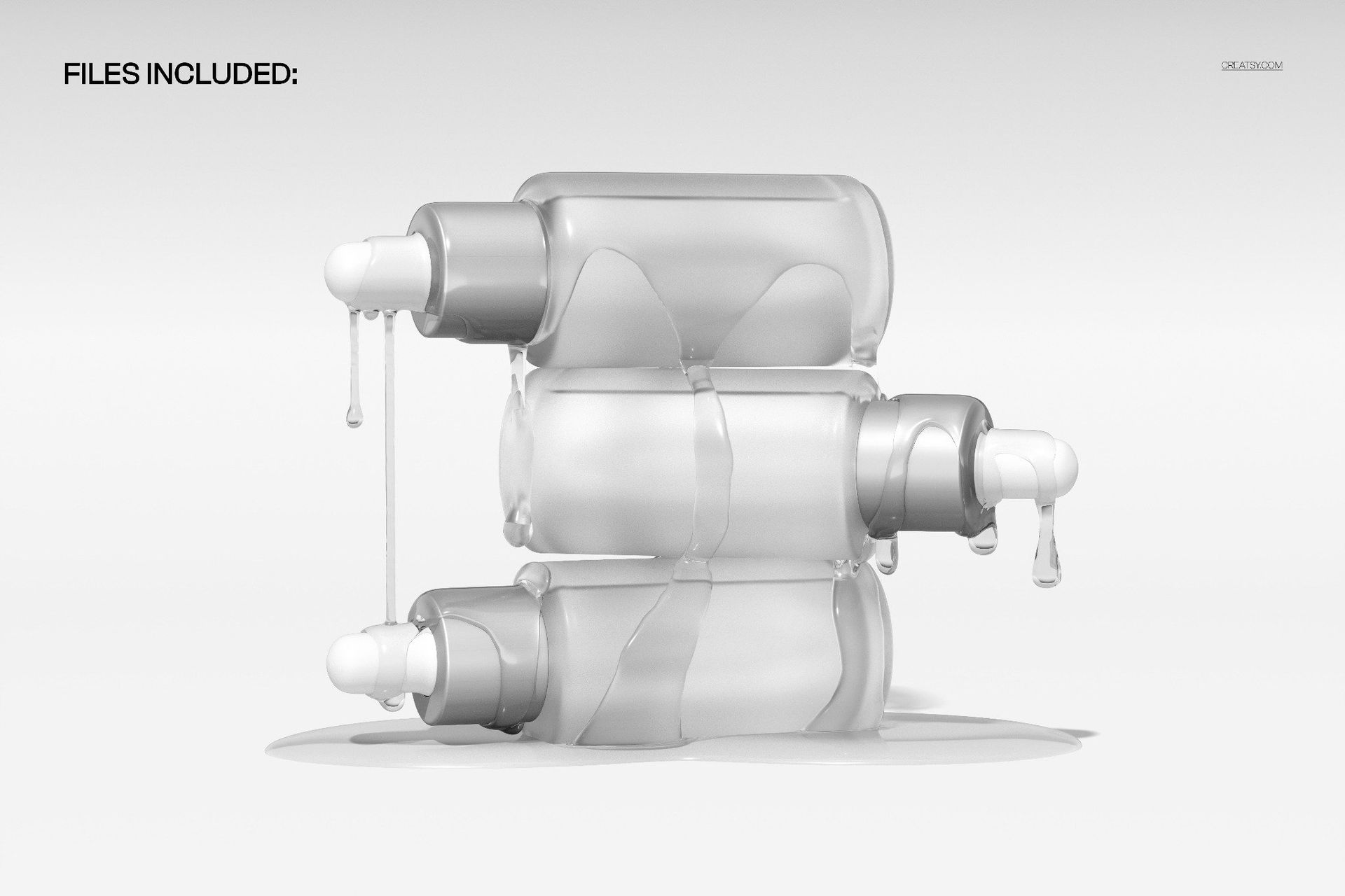 PSD mockup featuring three horizontal dropper bottles with visible liquid drops, displayed against a minimal white backdrop.