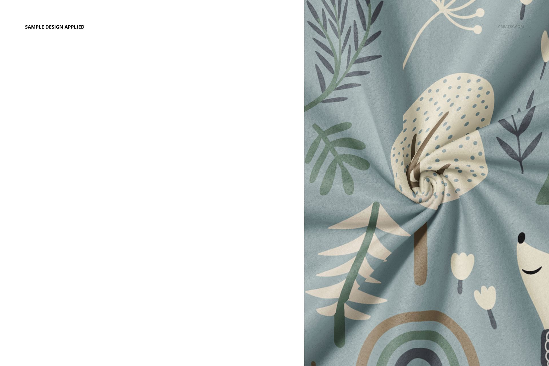Close-up view of a fleece blanket with rounded corners, featuring a pastel forest-themed pattern twisted in a swirl.