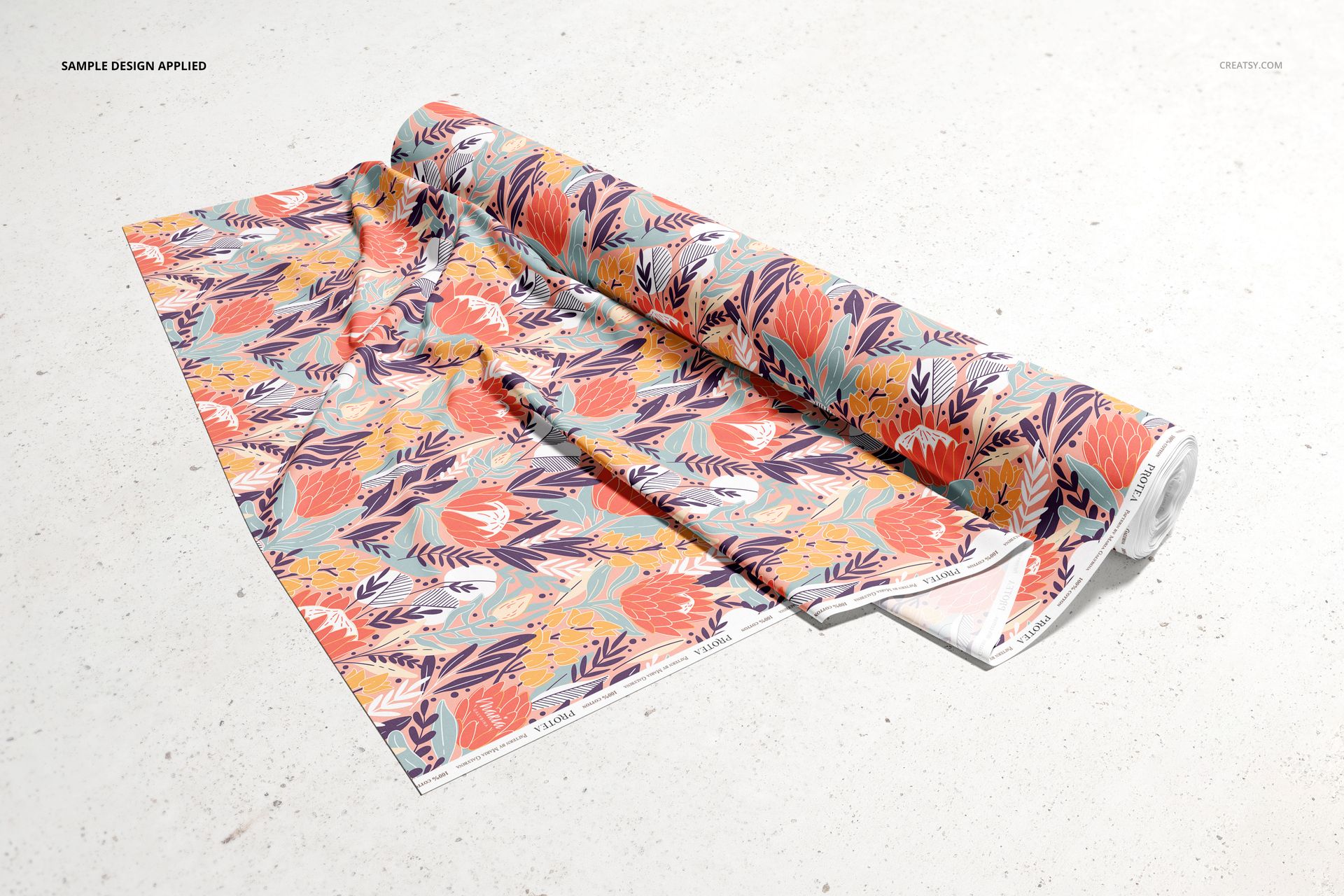 Fabric roll mockup featuring a vibrant botanical design in warm and cool tones, displayed partially unrolled on a neutral background.
