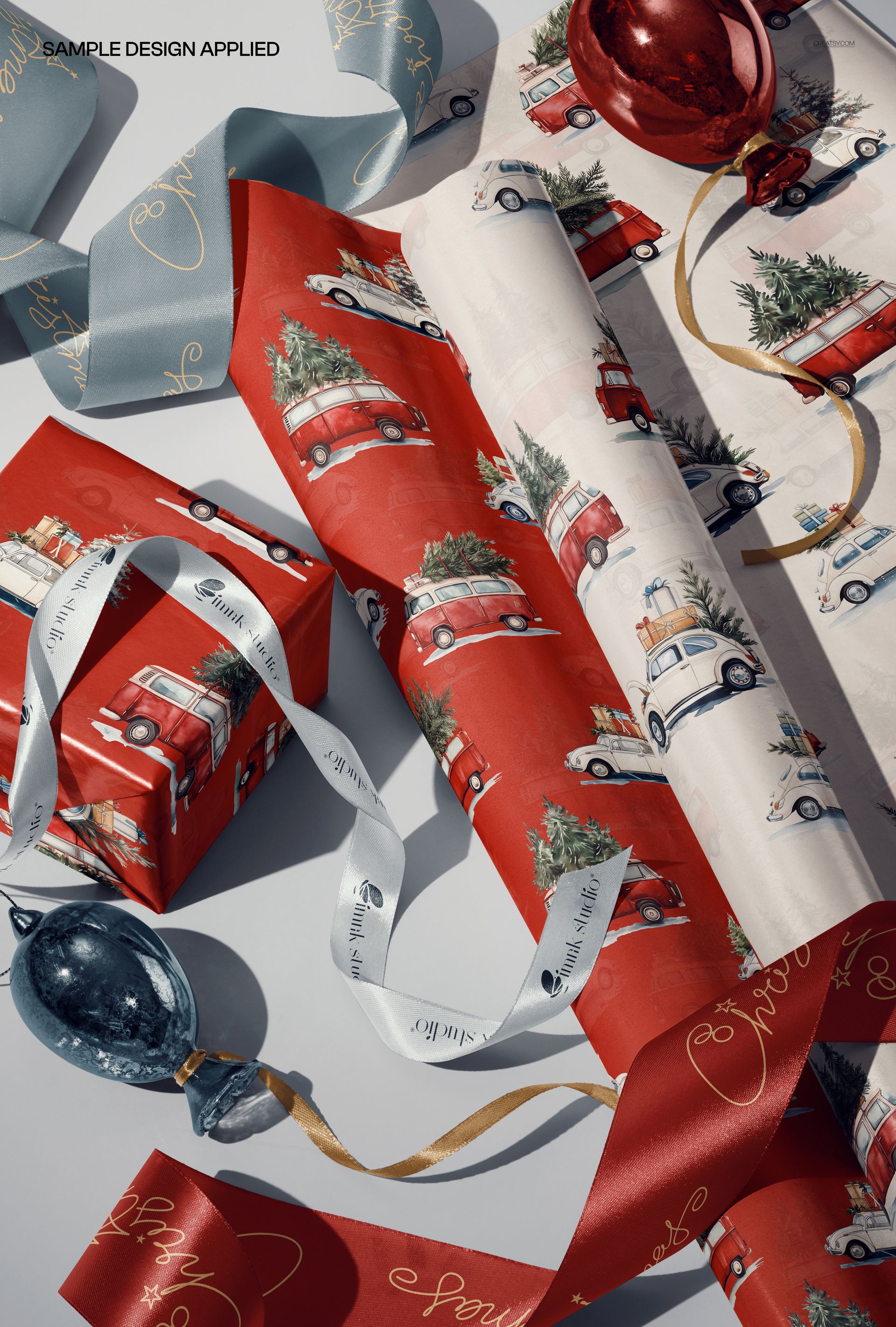 Holiday Gift Wrap Rolls with Ribbons Mockup - mockup screenshot 4
