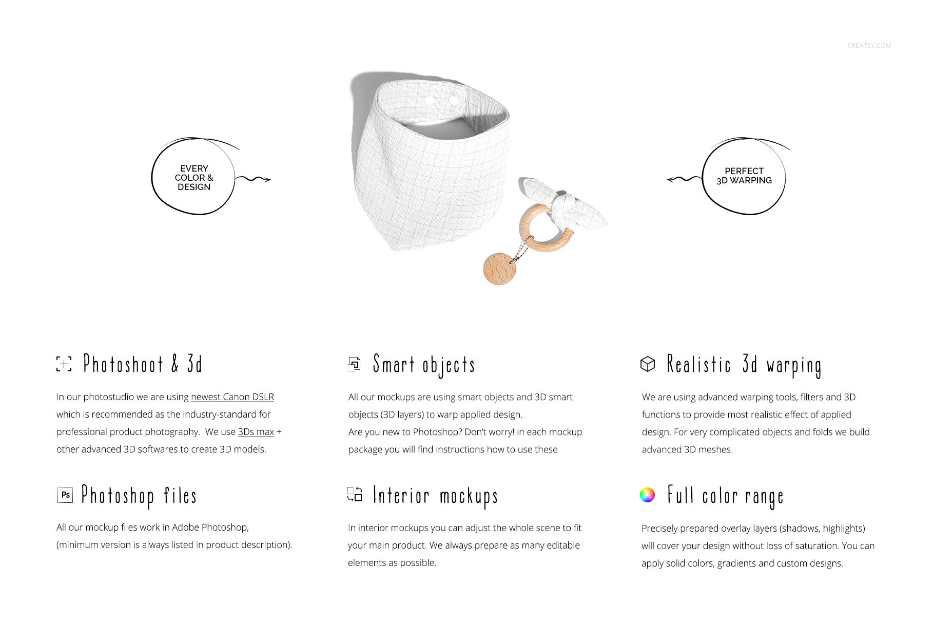 Front view of a baby muslin bandana mockup with a grid pattern, displayed next to a pacifier and teether on a white background.