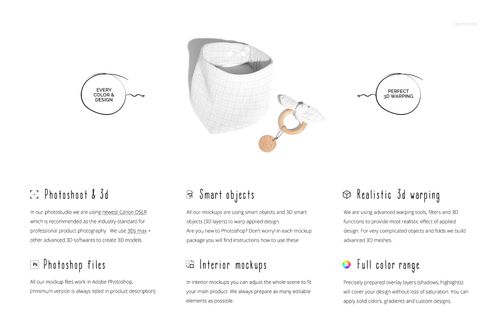 Front view of a baby muslin bandana mockup with a grid pattern, displayed next to a pacifier and teether on a white background.