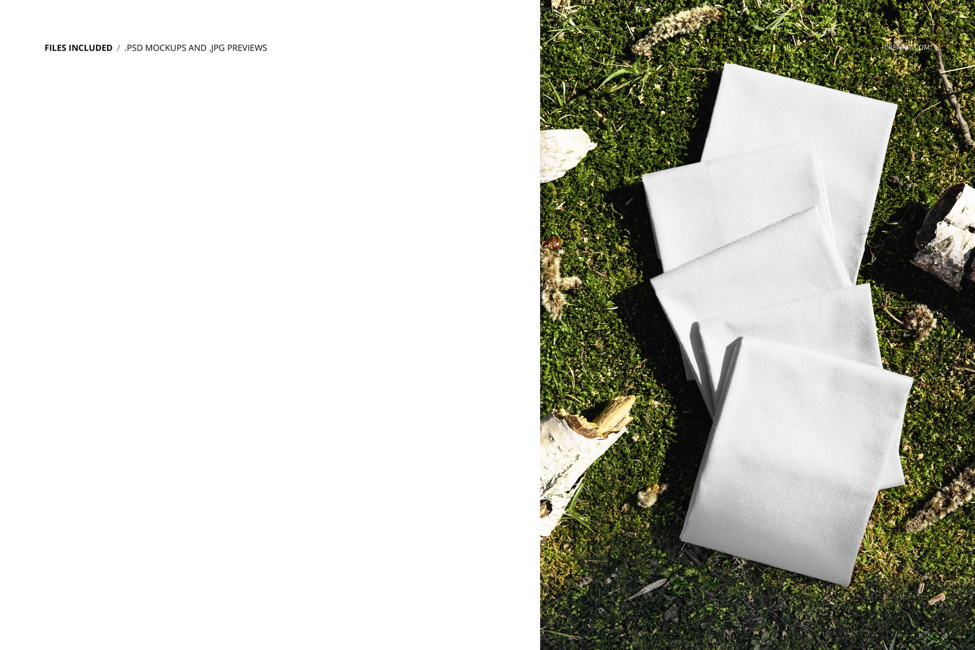Stack of white fabric squares arranged on green moss with pieces of tree bark, viewed from above in a mockup scene.