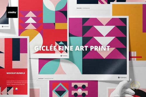 Multiple geometric art prints in vibrant pink, orange, and navy tones shown in a layered mockup bundle presentation.