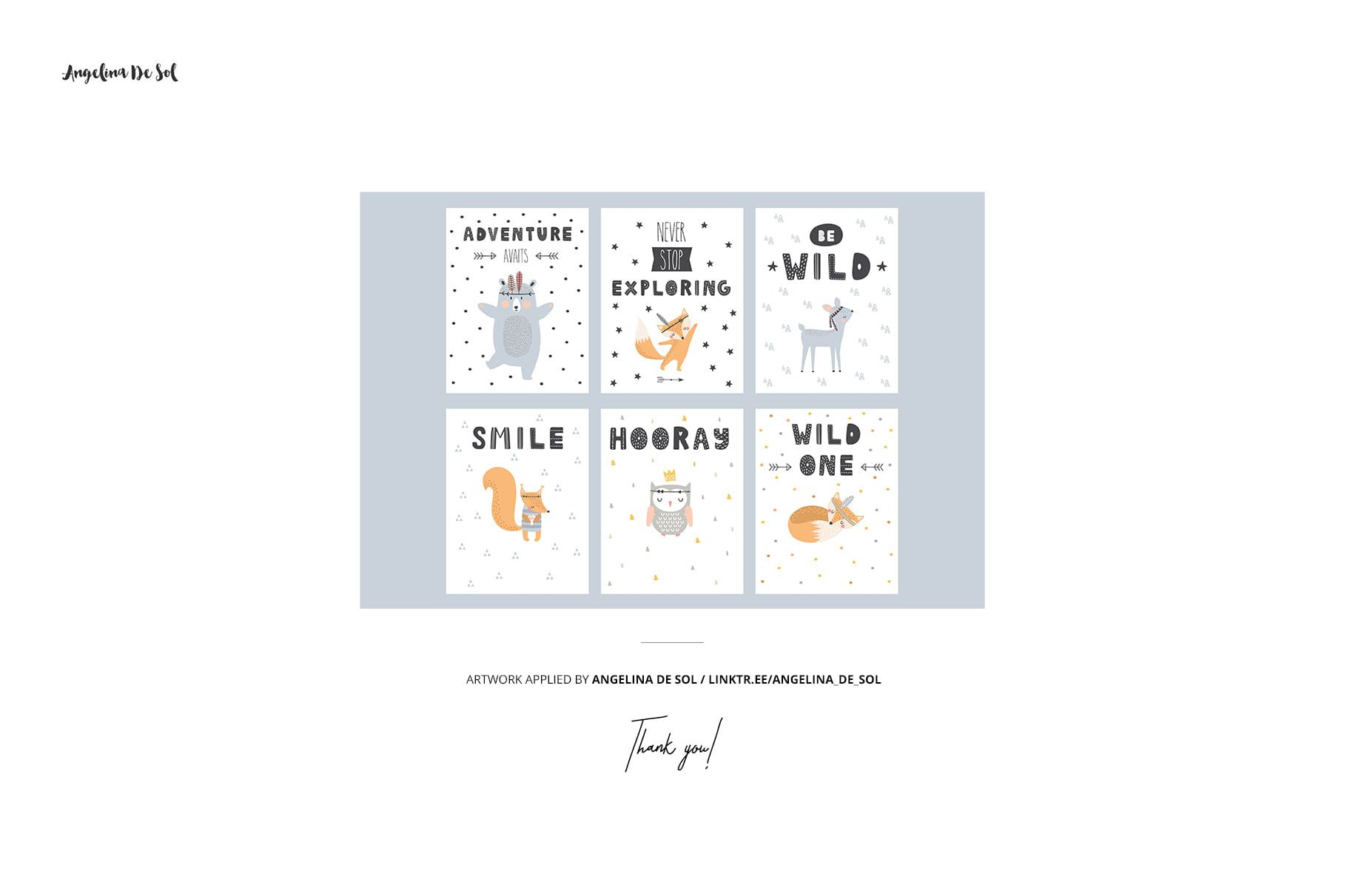 Front view of six folding storage box mockups with playful animal illustrations and dotted backgrounds.