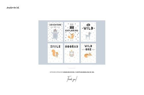 Front view of six folding storage box mockups with playful animal illustrations and dotted backgrounds.