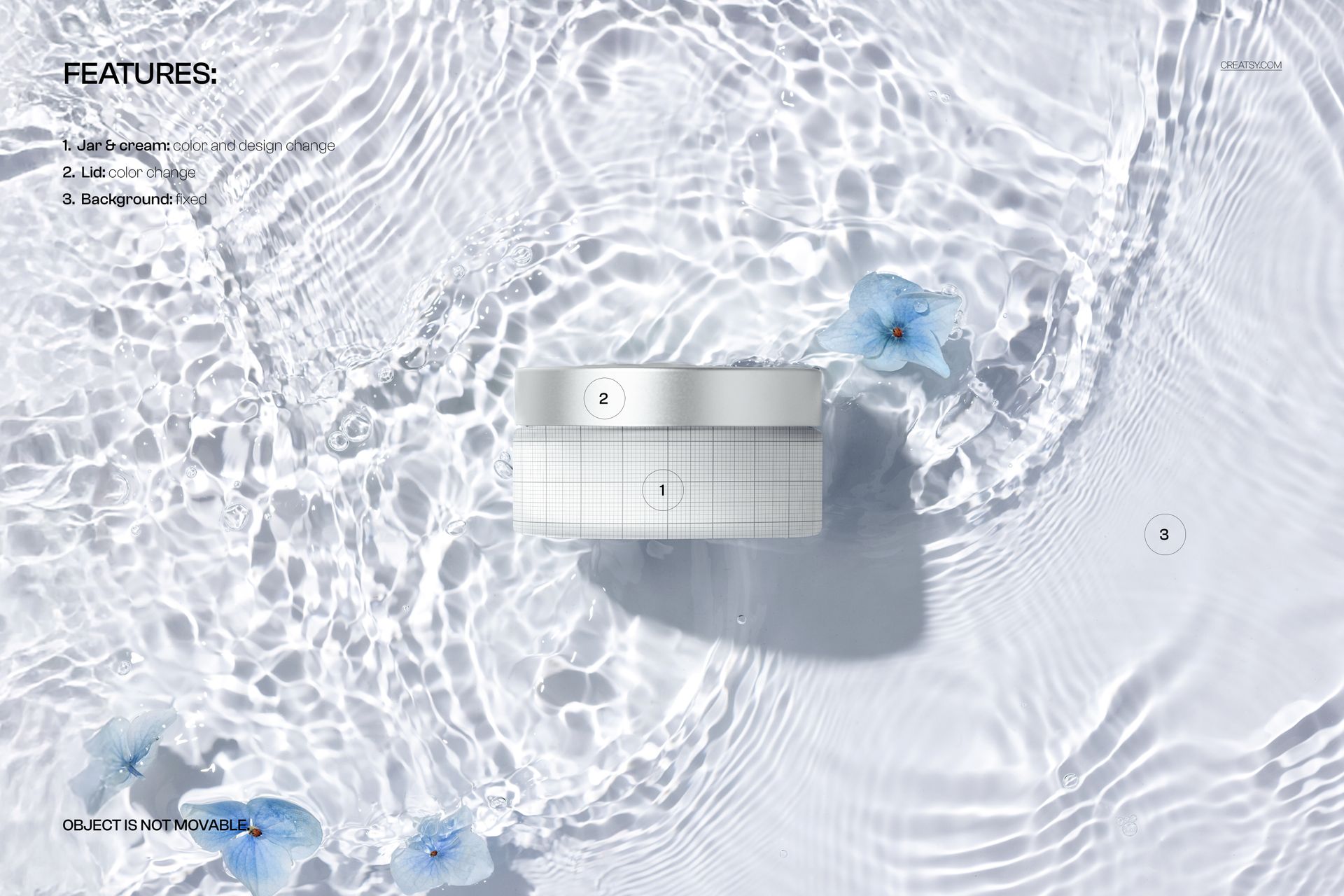 PSD mockup of a round cosmetic jar in transparent water with realistic ripples and delicate blue flower accents, overhead angle.