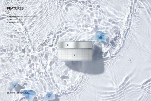 PSD mockup of a round cosmetic jar in transparent water with realistic ripples and delicate blue flower accents, overhead angle.