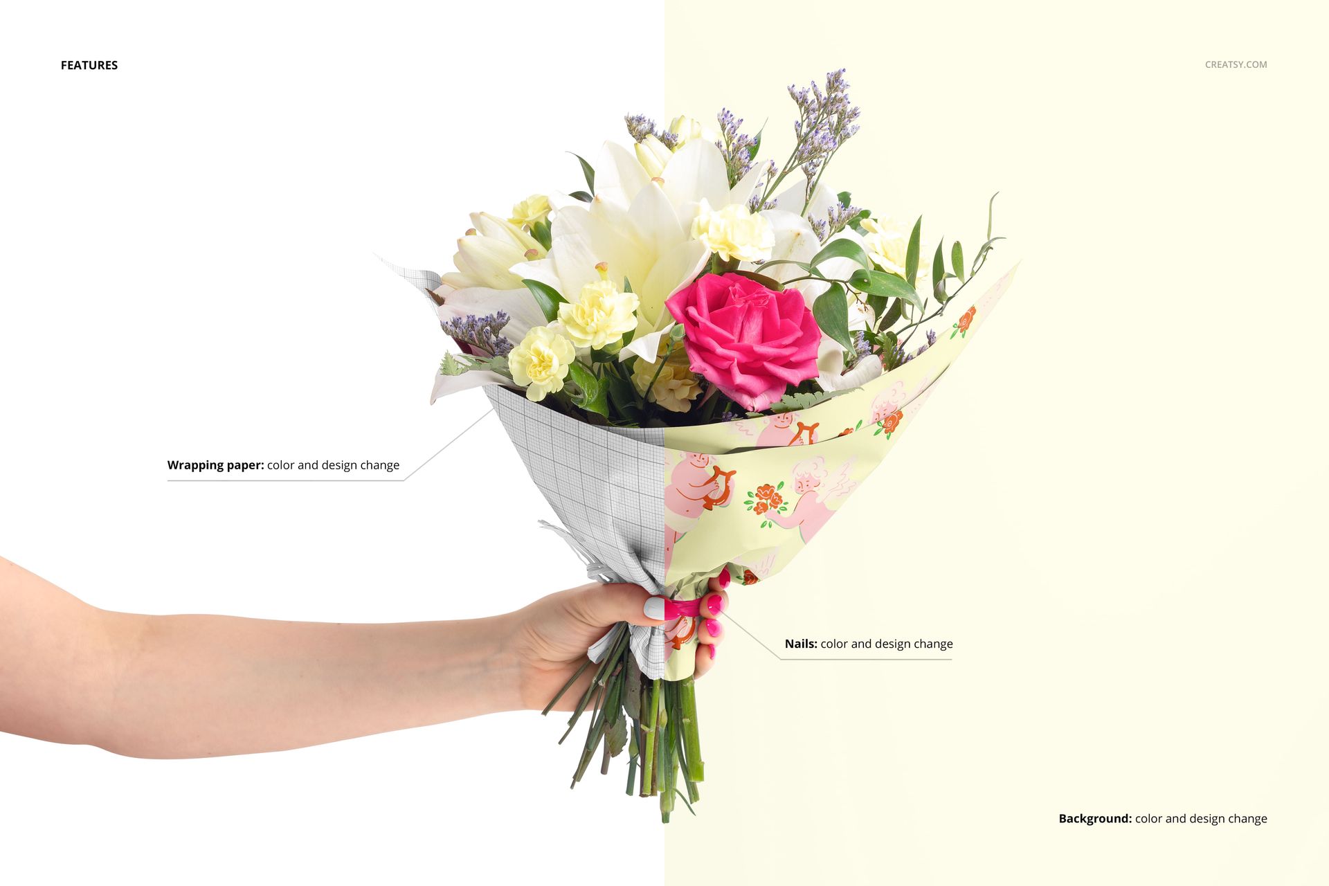 PSD mockup of flower packaging featuring a hand holding a bouquet with customizable wrapping paper design.