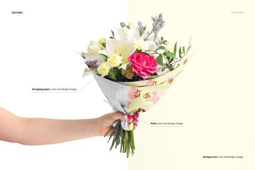 PSD mockup of flower packaging featuring a hand holding a bouquet with customizable wrapping paper design.