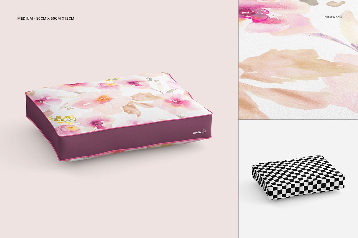 PSD mockup of a rectangular pillow in medium size, featuring pink flowers and solid purple edges in a studio scene.