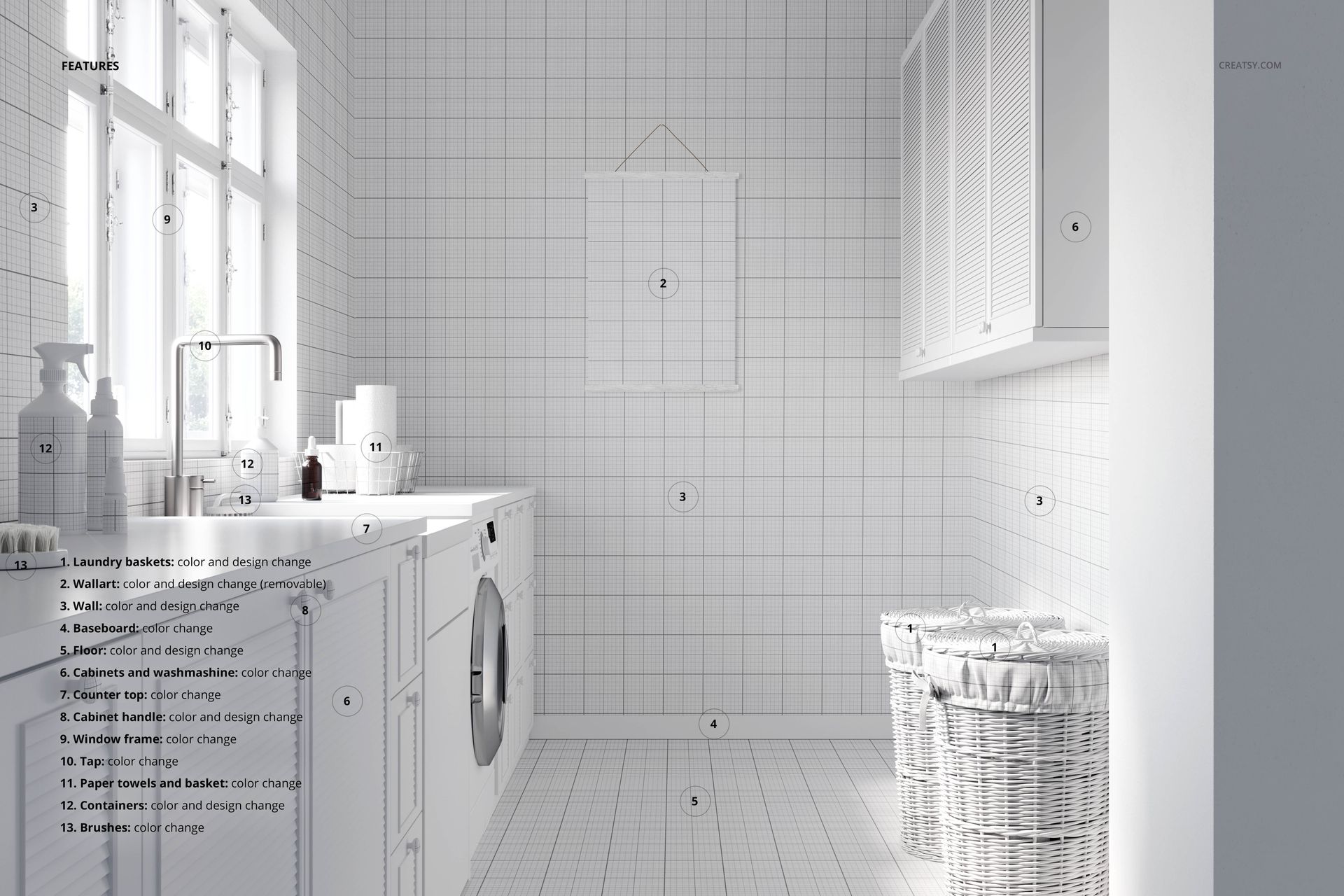 Modern laundry room mockup with white tiled walls, washing machine, wicker baskets, and bright natural lighting.
