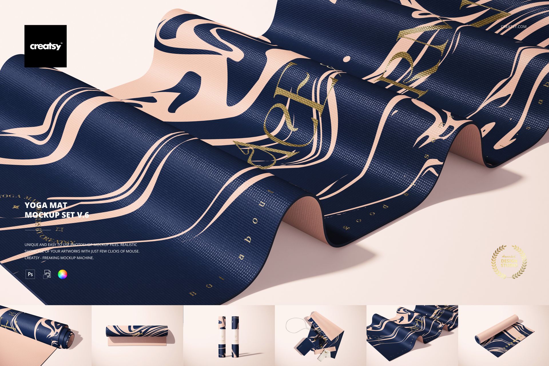 Yoga mat mockup featuring a flowing abstract design in dark blue and beige, shown with a rippled texture.