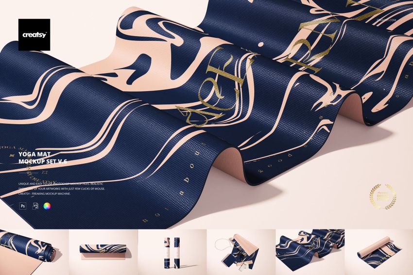 Yoga mat mockup featuring a flowing abstract design in dark blue and beige, shown with a rippled texture.