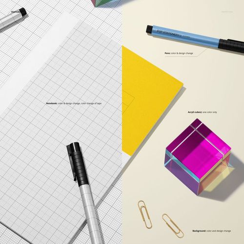Stationery mockup showing a notebook with grid lines, iridescent acrylic cubes, pen, and office supplies on a split background.