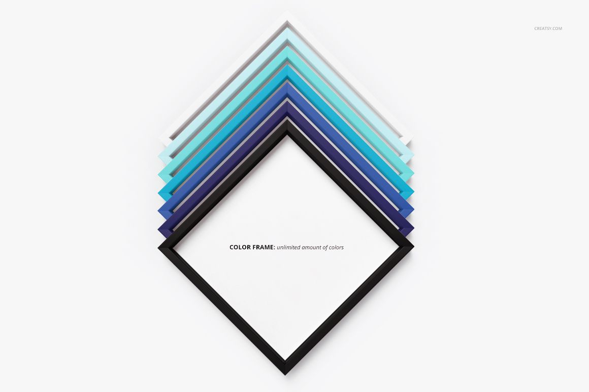 Square thin picture frames arranged in a diamond shape, featuring gradient colors from black to light blue on a white background.