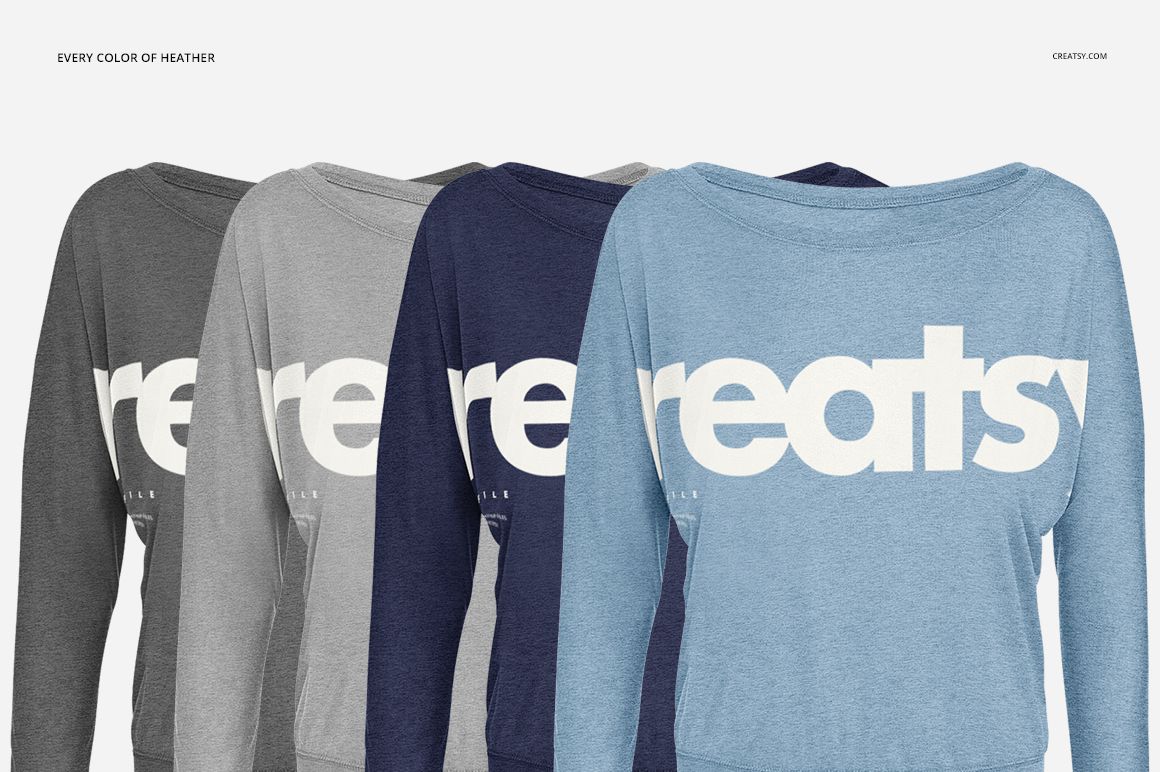 PSD mockup showing four women's flowy long sleeve shirts in gray, light gray, navy, and light blue on a white background.