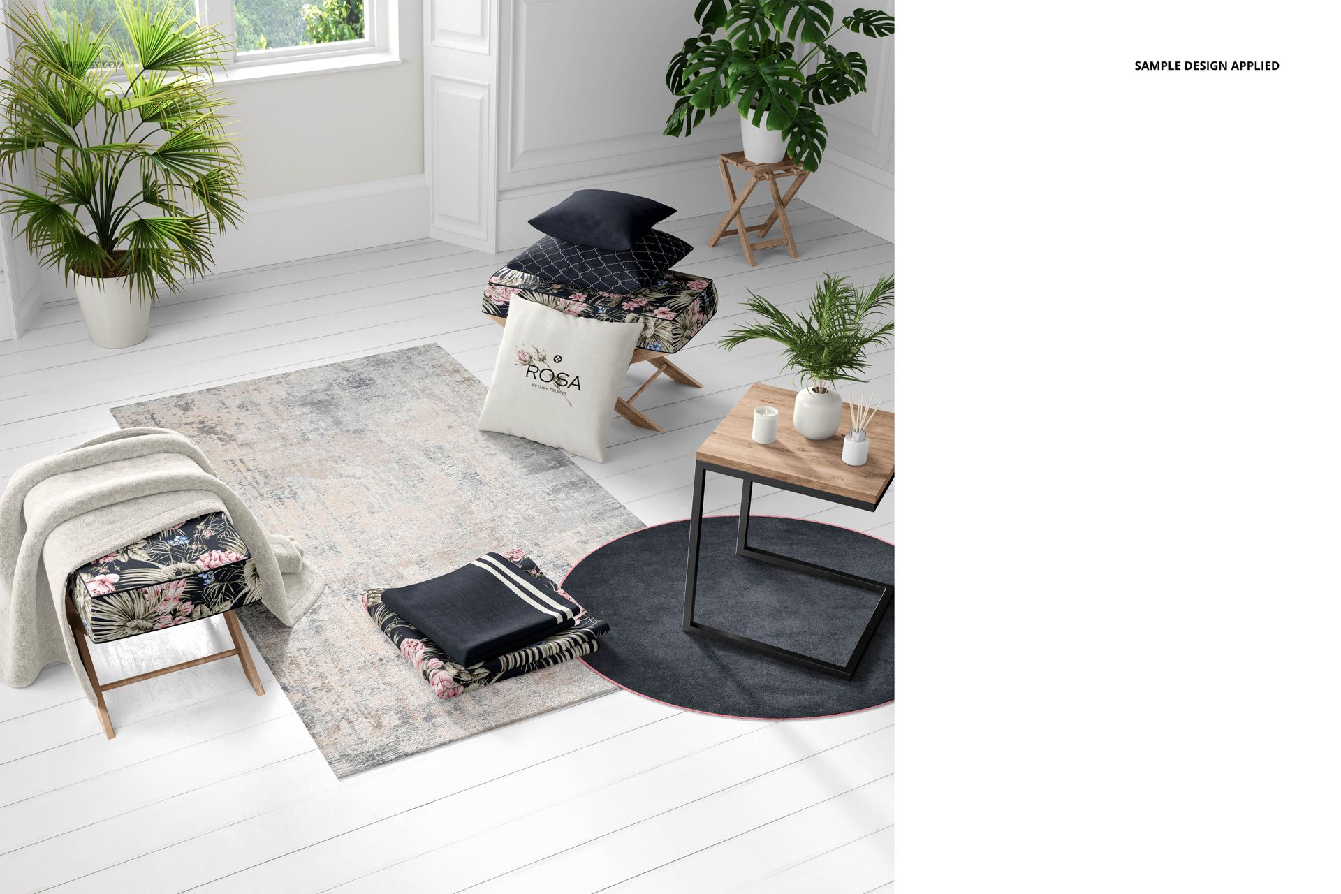 Modern interior scene featuring home textiles mockup set with rugs, pillows, and throws in a bright room.