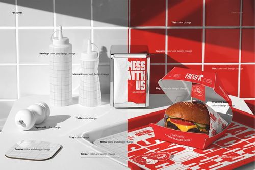 Fast food branding mockup featuring a burger in an open box, condiment bottles, napkin, and tray on a tiled surface.