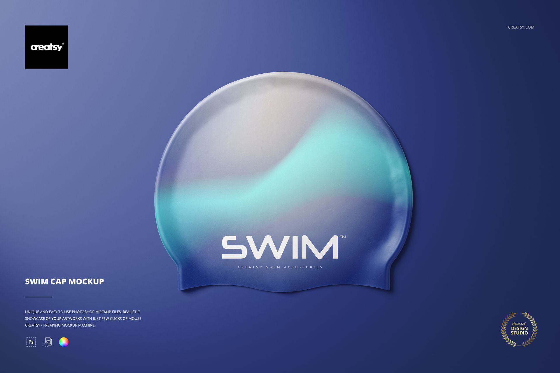 Front view of a swim cap mockup with a smooth, rounded shape and gradient blue and teal colors on a solid background.
