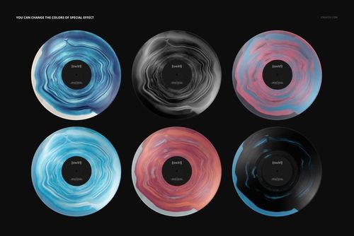 PSD mockup featuring six vinyl records with different swirl designs and colors, set against a plain dark backdrop.