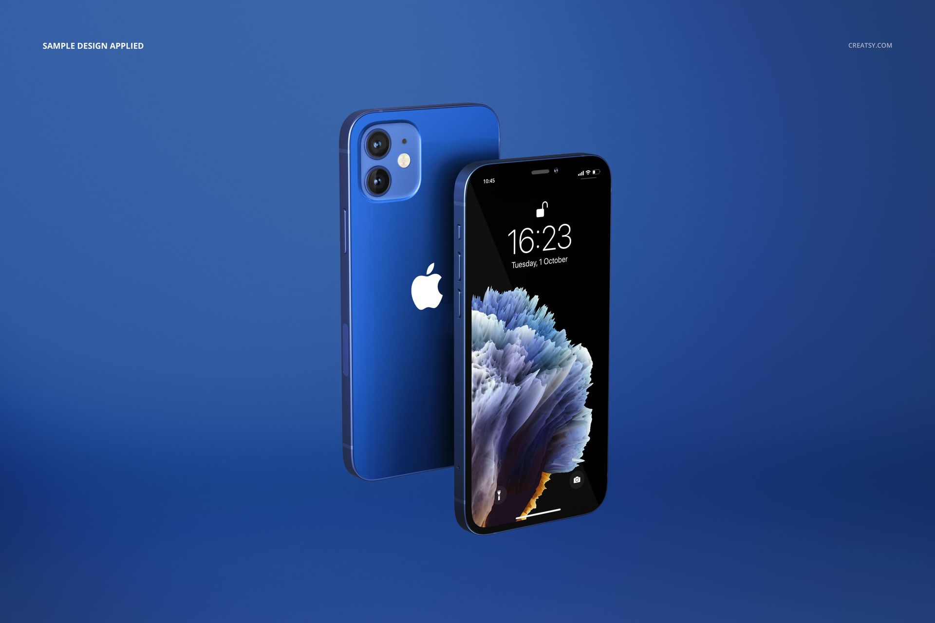 Front and angled side view of two blue iPhone 12 devices on a solid blue background, displaying a digital mockup.
