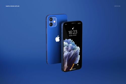 Front and angled side view of two blue iPhone 12 devices on a solid blue background, displaying a digital mockup.