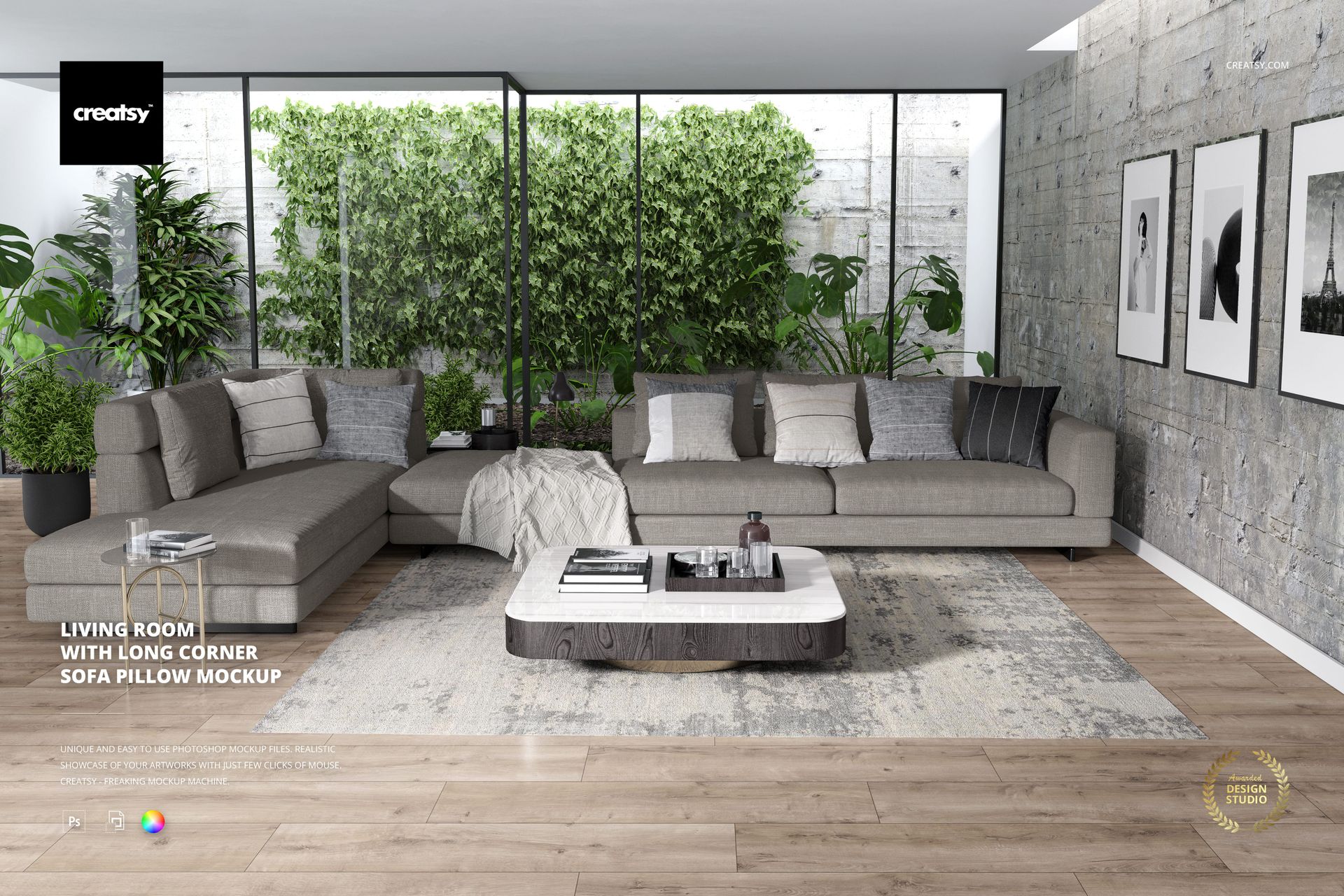 PSD mockup scene showing a contemporary living room with a corner sofa, decorative pillows, and framed wall art.