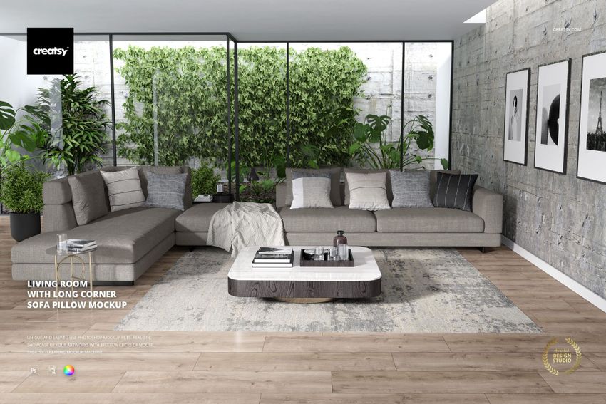 Living Room with Long Corner Sofa Pillow Mockup - mockup screenshot 1