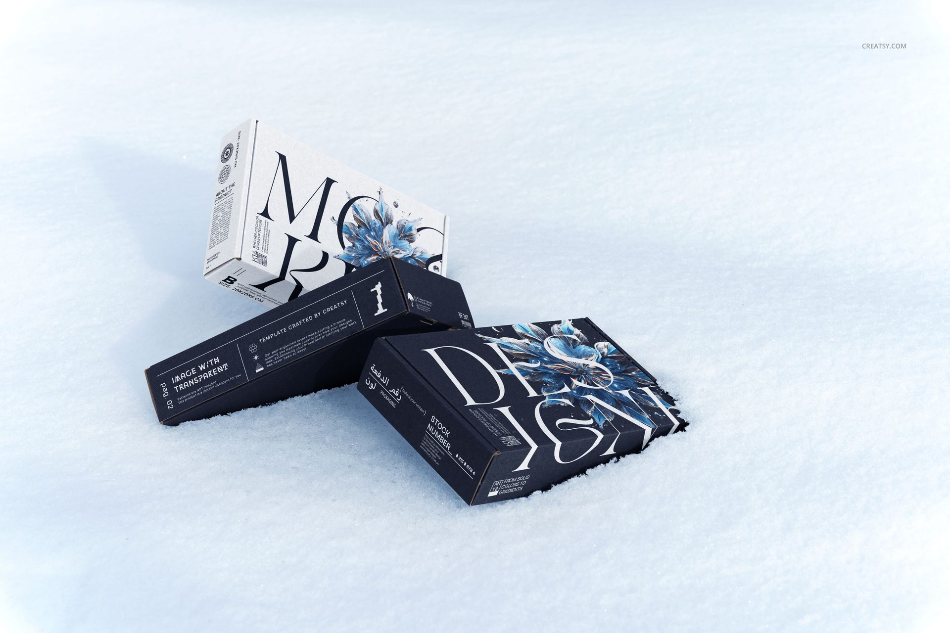 Winter edition mailing box mockup set featuring blue and white graphics, arranged on a snowy surface.