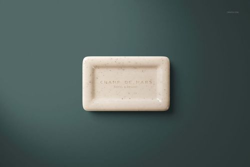 Hotel hand soap mockup featuring a light beige bar with speckled texture, displayed on a dark green backdrop, top view.