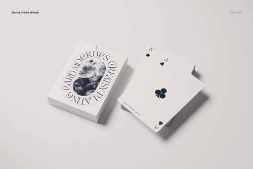 Mockup of a playing card set featuring a decorative box and two cards, viewed from above on a neutral background.