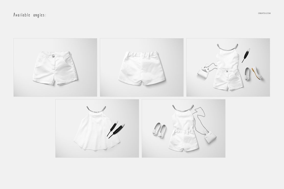 White baby summer set mockup displayed on a plain background, featuring shorts, top, shoes, purse, and sunglasses.