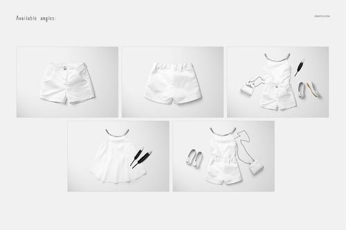 White baby summer set mockup displayed on a plain background, featuring shorts, top, shoes, purse, and sunglasses.