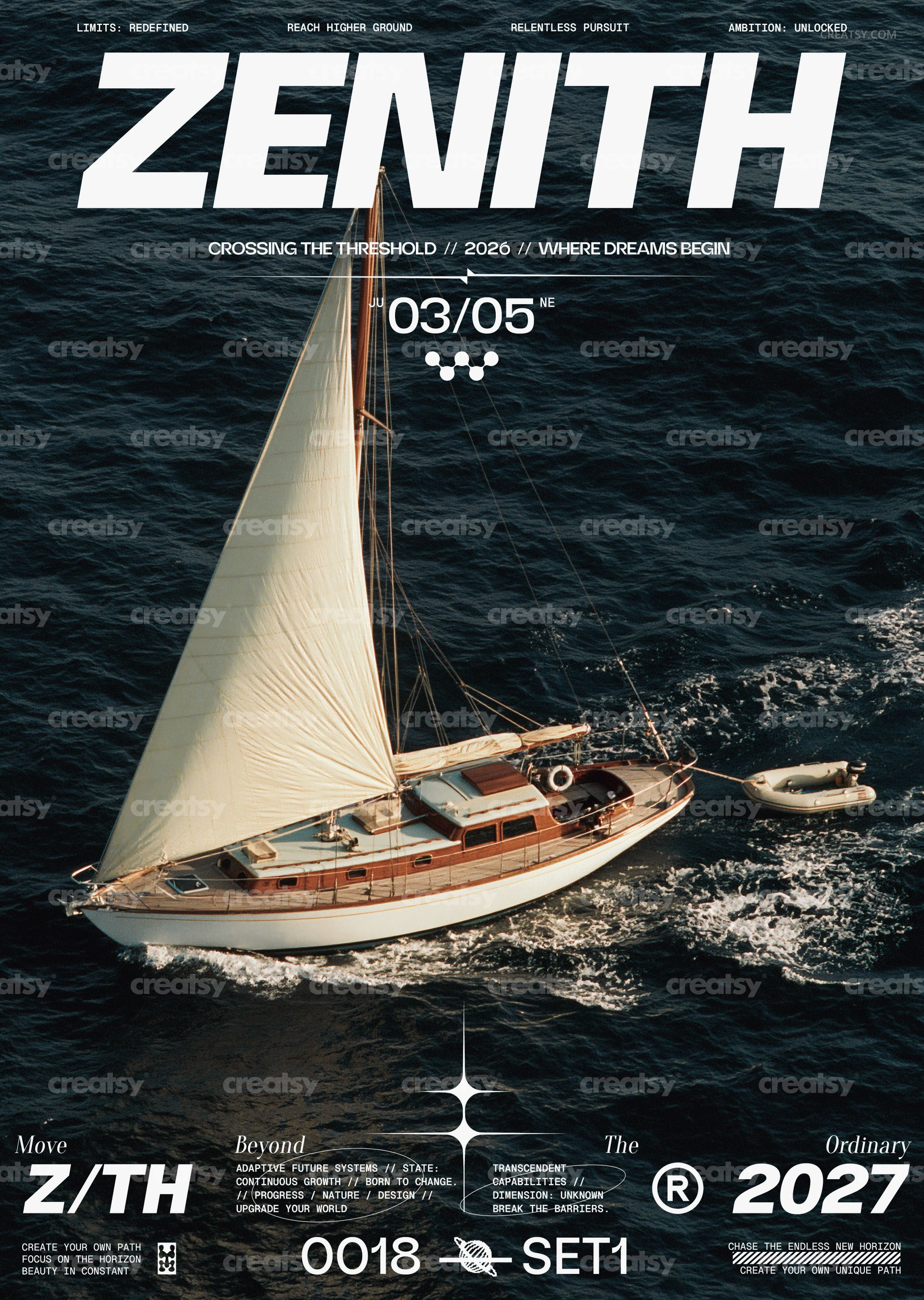 PSD mockup poster showing a classic sailboat sailing on dark blue sea, front view with modern white typography.