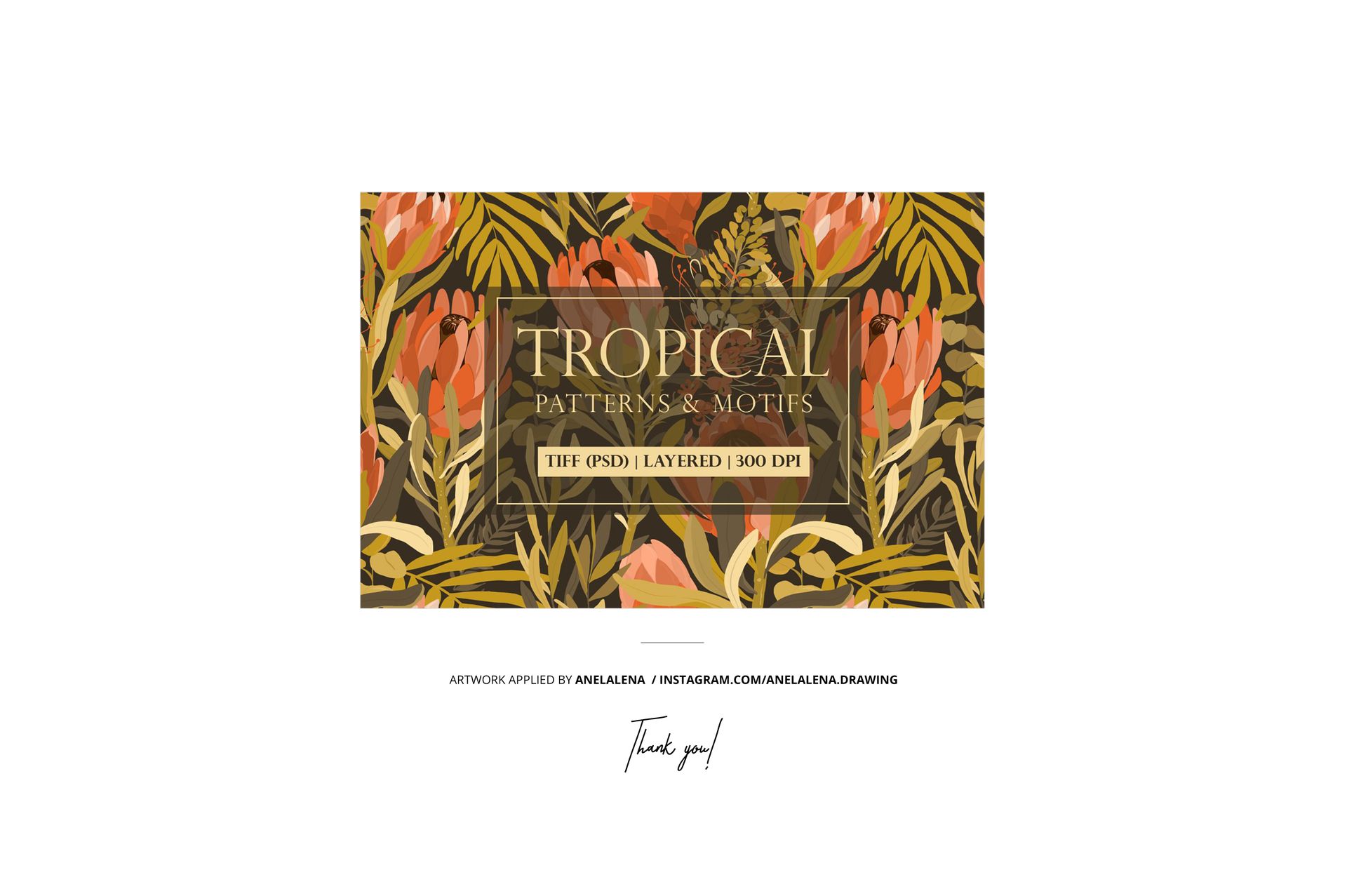 Front view of fabric rolls mockup featuring a tropical pattern with orange flowers and green leaves on a brown background.