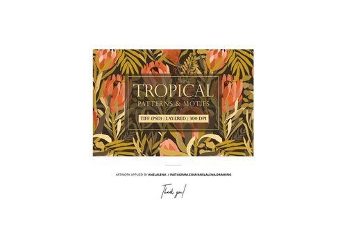 Front view of fabric rolls mockup featuring a tropical pattern with orange flowers and green leaves on a brown background.