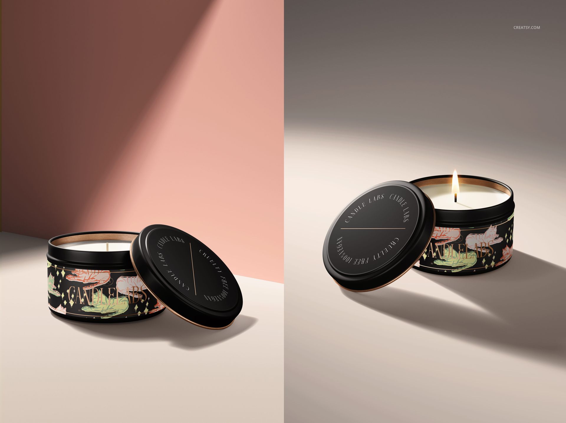 Mockup of a round candle tin with satin finish, cotton wick, and illustrated forest design, displayed with lid off.