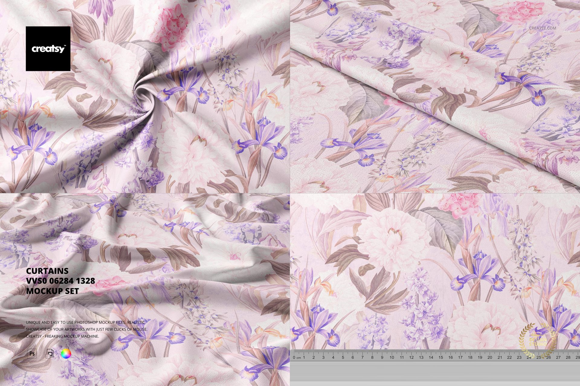 Curtains fabric mockup featuring soft pastel floral patterns in purple and pink, shown in folded and flat views.