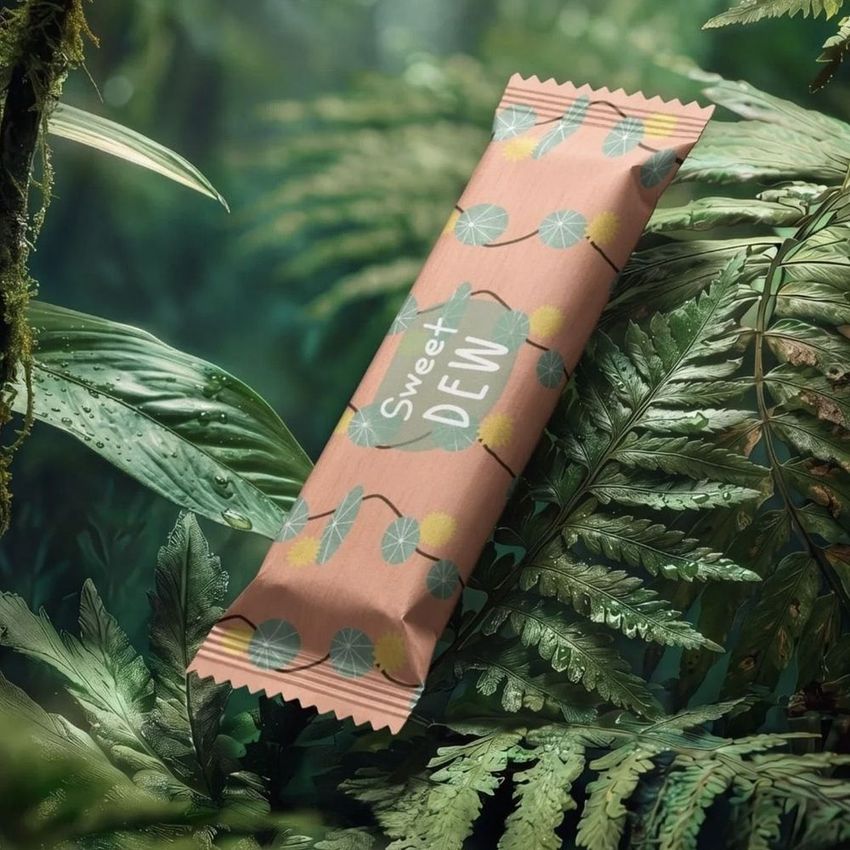 Candy bar mockup with a pink wrapper featuring leaf and dot patterns, placed on lush green tropical jungle foliage.