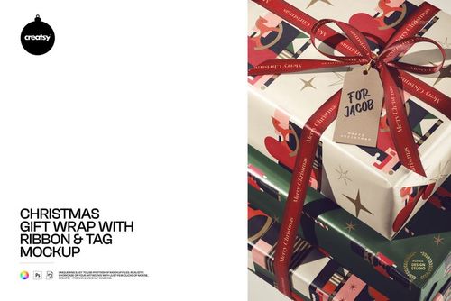 Christmas gift wrap PSD mockup featuring stacked presents with decorative ribbons and a personalized gift tag.