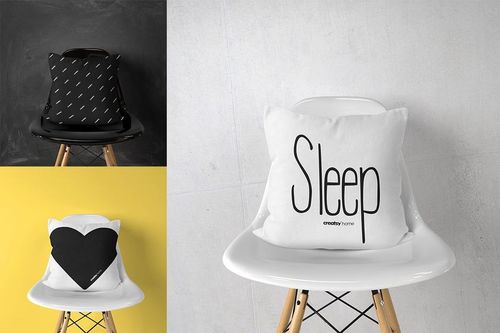 Three throw pillows shown in a mockup, including a white pillow with text, a black pillow with small lines, and a heart design.