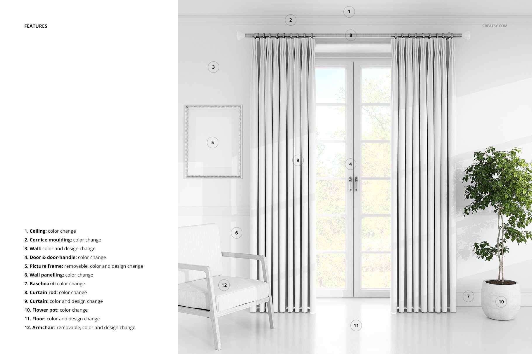 PSD mockup showing white drapery curtains hanging on a window, with sunlight and greenery visible outside.