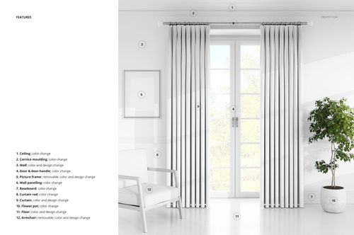 PSD mockup showing white drapery curtains hanging on a window, with sunlight and greenery visible outside.
